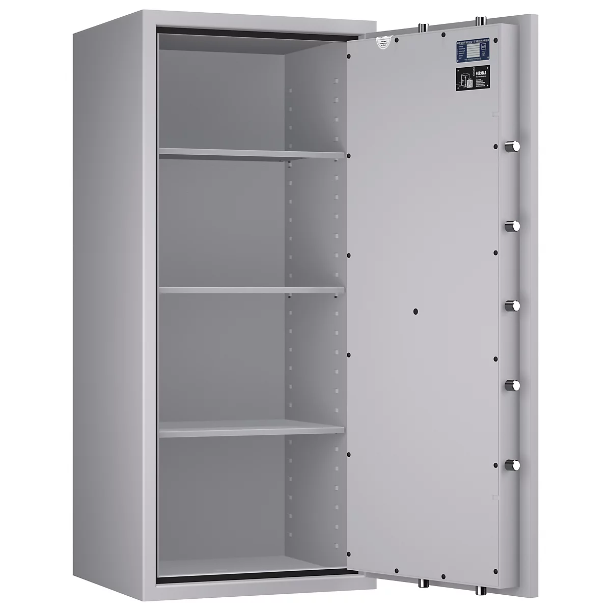 Caja fuerte gris, puerta abierta, con estantes, pernos de cierre plateados.