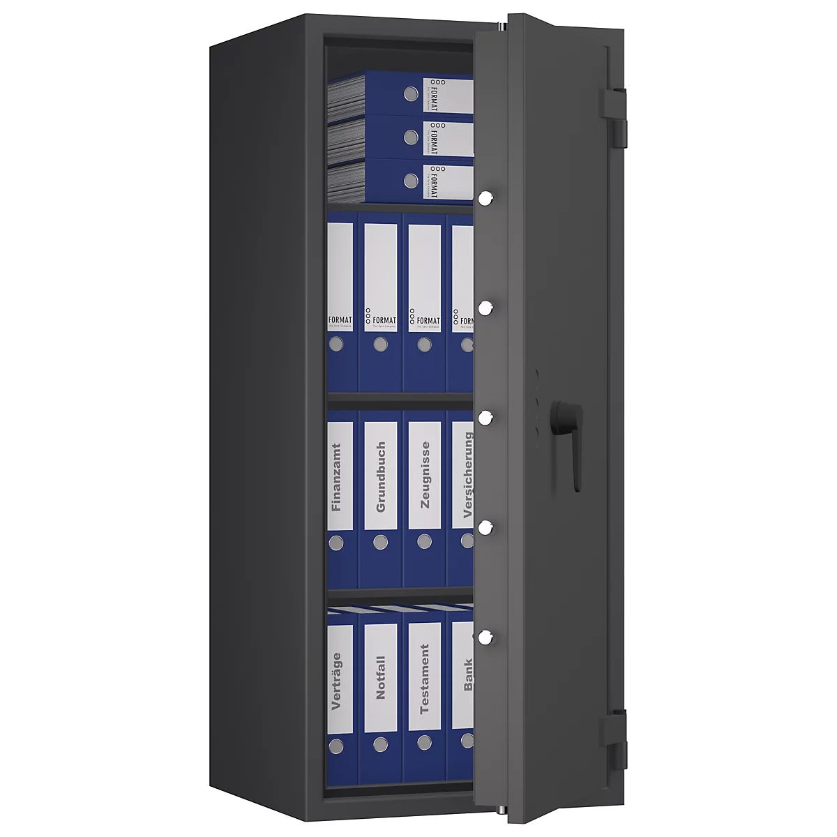 Una caja fuerte abierta con carpetas azules. En las carpetas están escritas términos como finanzas o seguros.