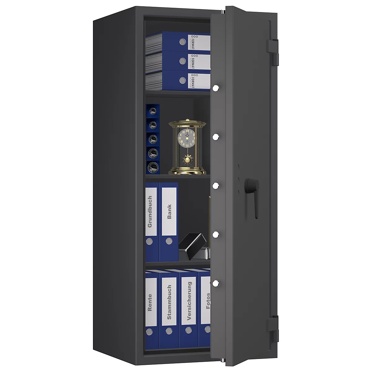 Caja fuerte gris con puerta abierta. Carpetas azules, un reloj dorado y carpetas azules con inscripciones.