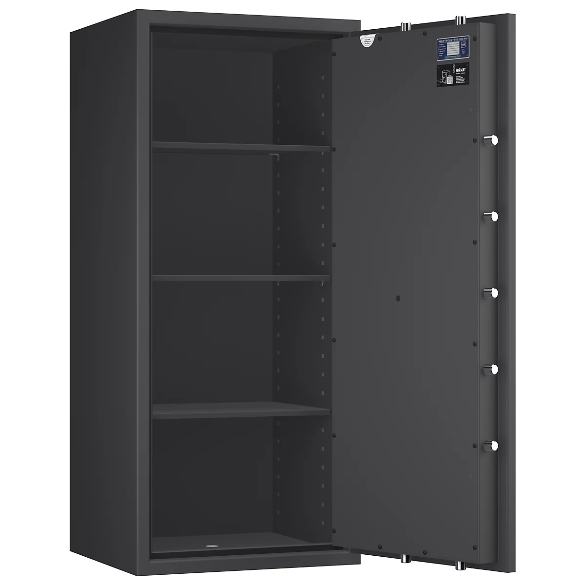 Una caja fuerte gris abierta con cuatro estantes. La puerta muestra pernos plateados y una etiqueta de certificación.
