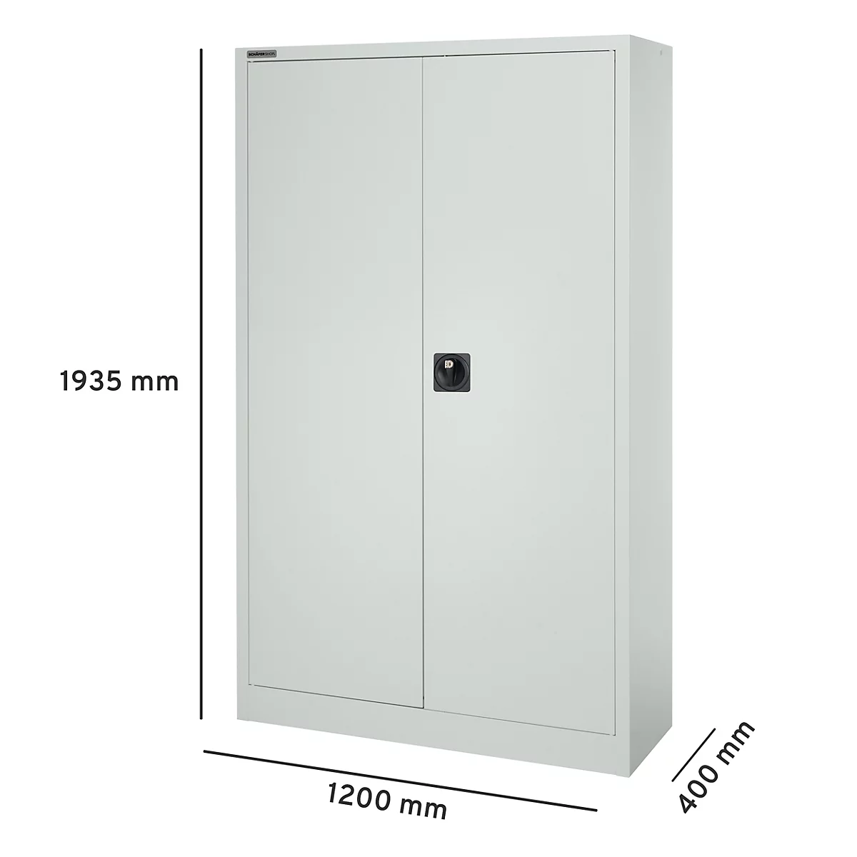 Archivo de color gris claro con dos puertas, manija negra y dimensiones.