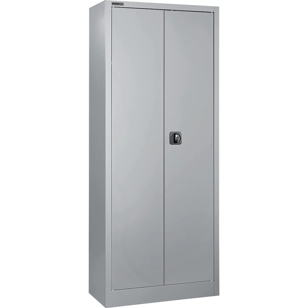 Un armario de acero gris con dos puertas y una manija.