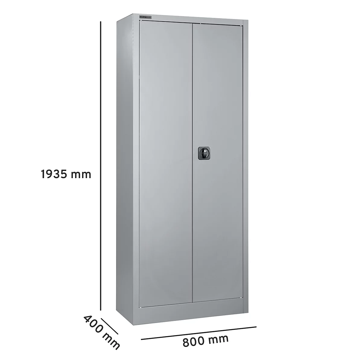 Armario alto de acero gris con dos puertas, una manija y dimensiones: 1935 x 800 x 400 mm.