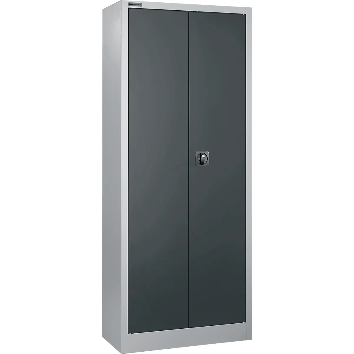 Un armario de acero gris con dos puertas y un asa. El armario está de pie.