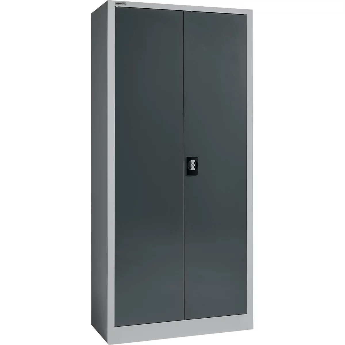 Armario de acero gris con dos puertas y un asa negra.