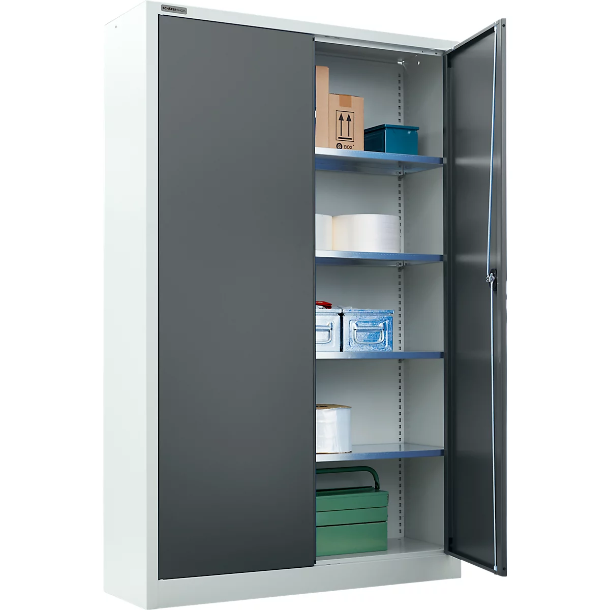 Armario para material Schäfer Shop Select, con cerradura, 4 baldas galvanizadas, 5 OH, An 950 x P 400 x Al 1935 mm, acero, aluminio blanco/gris antracita