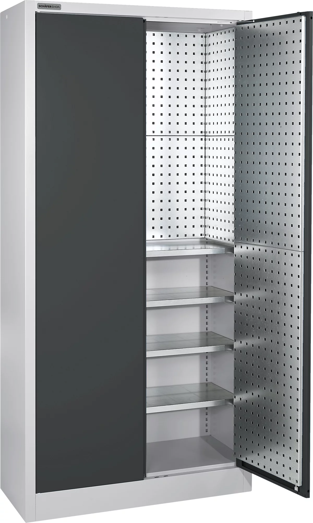 Armario para material Schäfer Shop Select MS 2409, con paredes de rejilla perforadas a toda altura, hasta 50 kg/estante, ancho 950 x fondo 400 x alto 1935 mm, aluminio blanco/gris antracita