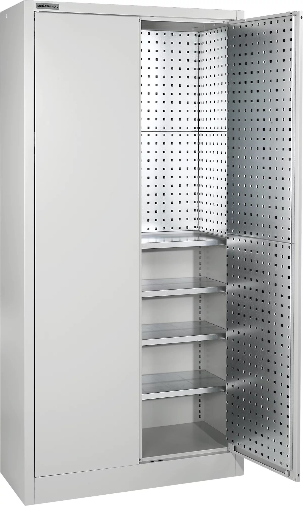 Armario para material Schäfer Shop Select MS 2409, con paredes de rejilla perforadas a toda altura, hasta 50 kg/estante, ancho 950 x fondo 400 x alto 1935 mm, aluminio blanco