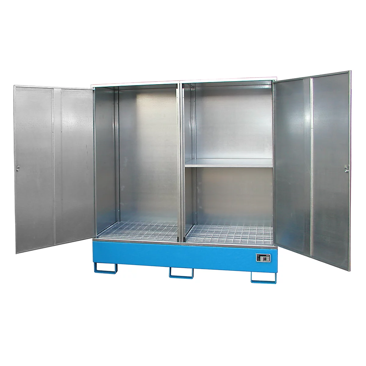 Armario para materiales peligrosos BAUER GS-2, chapa de acero, accesible con transpaleta, para 2 barriles de 200 l, An 1680 x P 690 x Al 1780 mm, azul