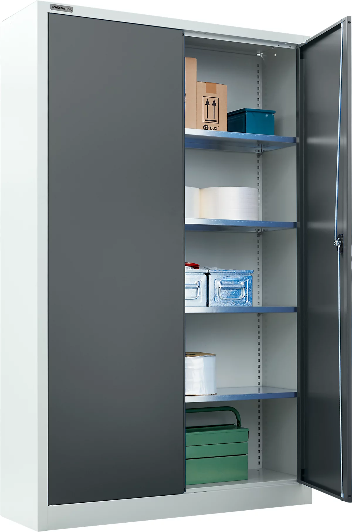 Armario para materiales Schäfer Shop Select, con cerradura, 4 estantes galvanizados, 5 OH, ancho 950 x fondo 400 x alto 1935 mm, acero, aluminio blanco/gris antracita