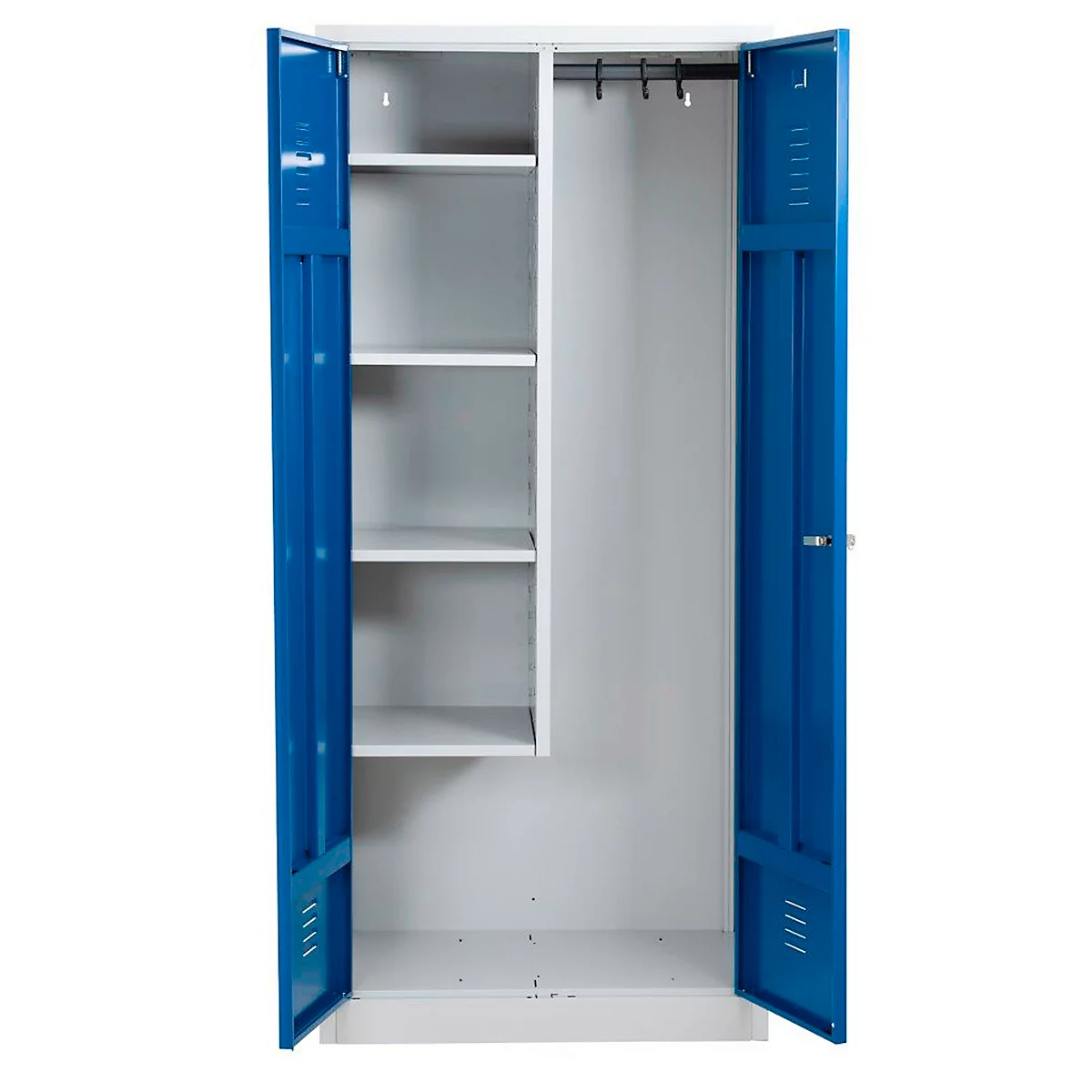 Taquilla de acero con puertas azules abiertas, con cuatro estantes a la izquierda y una barra para ropa a la derecha.