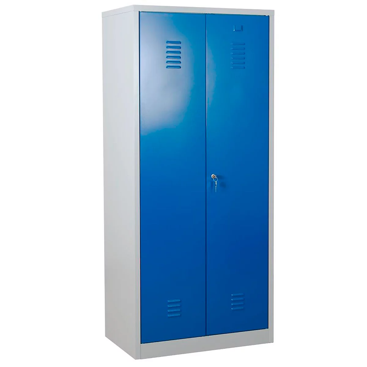 Armario para productos de limpieza, ancho 800 mm, 4 estantes, pared central completa, con cierre, azul genciana RAL 5010/gris claro RAL 7035