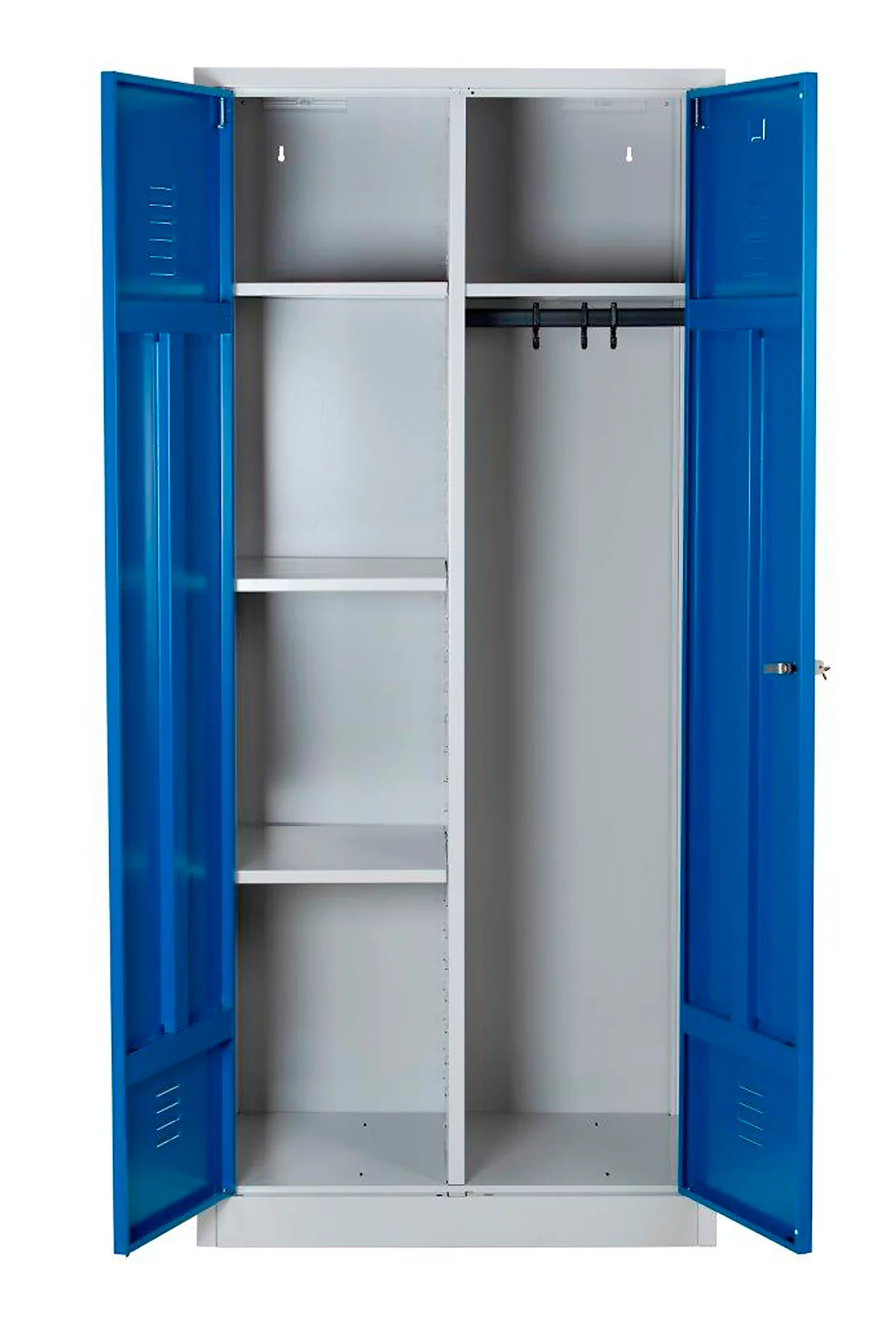 Armario para productos de limpieza, ancho 800 mm, 4 estantes, pared central completa, con cierre, azul genciana RAL 5010/gris claro RAL 7035