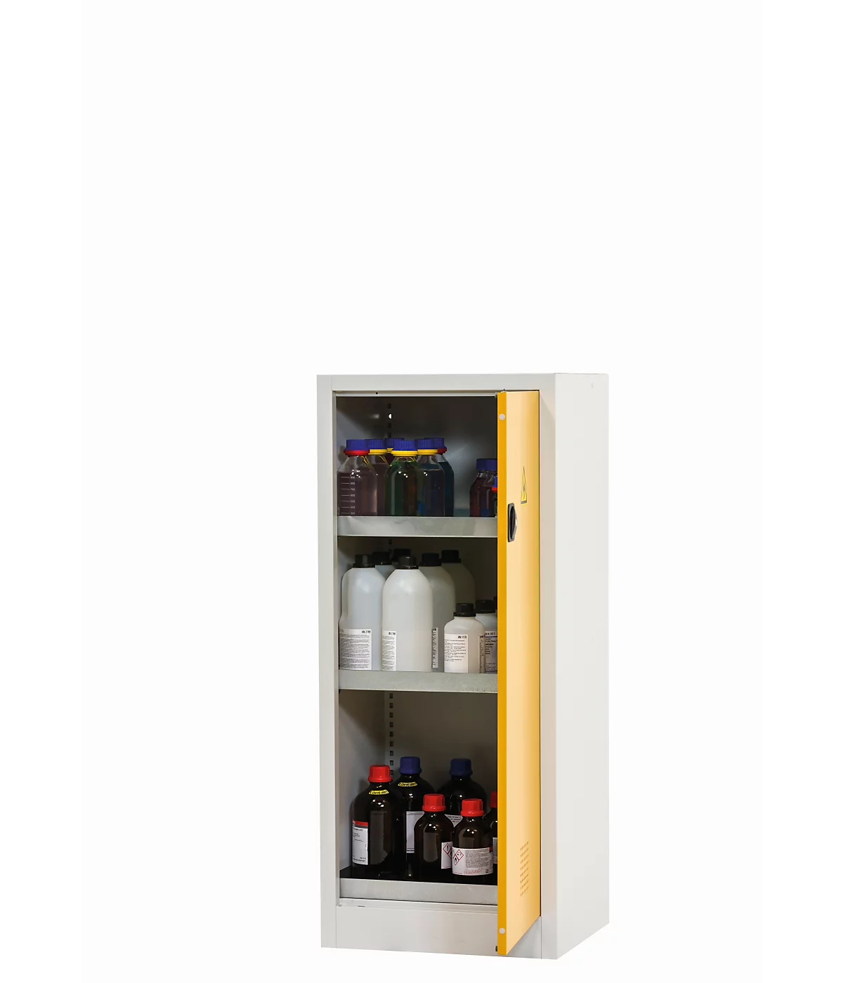 Armario para productos químicos asecos CF-CLASSIC, puerta con bisagras, tope a la derecha, frontal amarillo de seguridad, ancho 600 x fondo 500 x alto 1400 mm