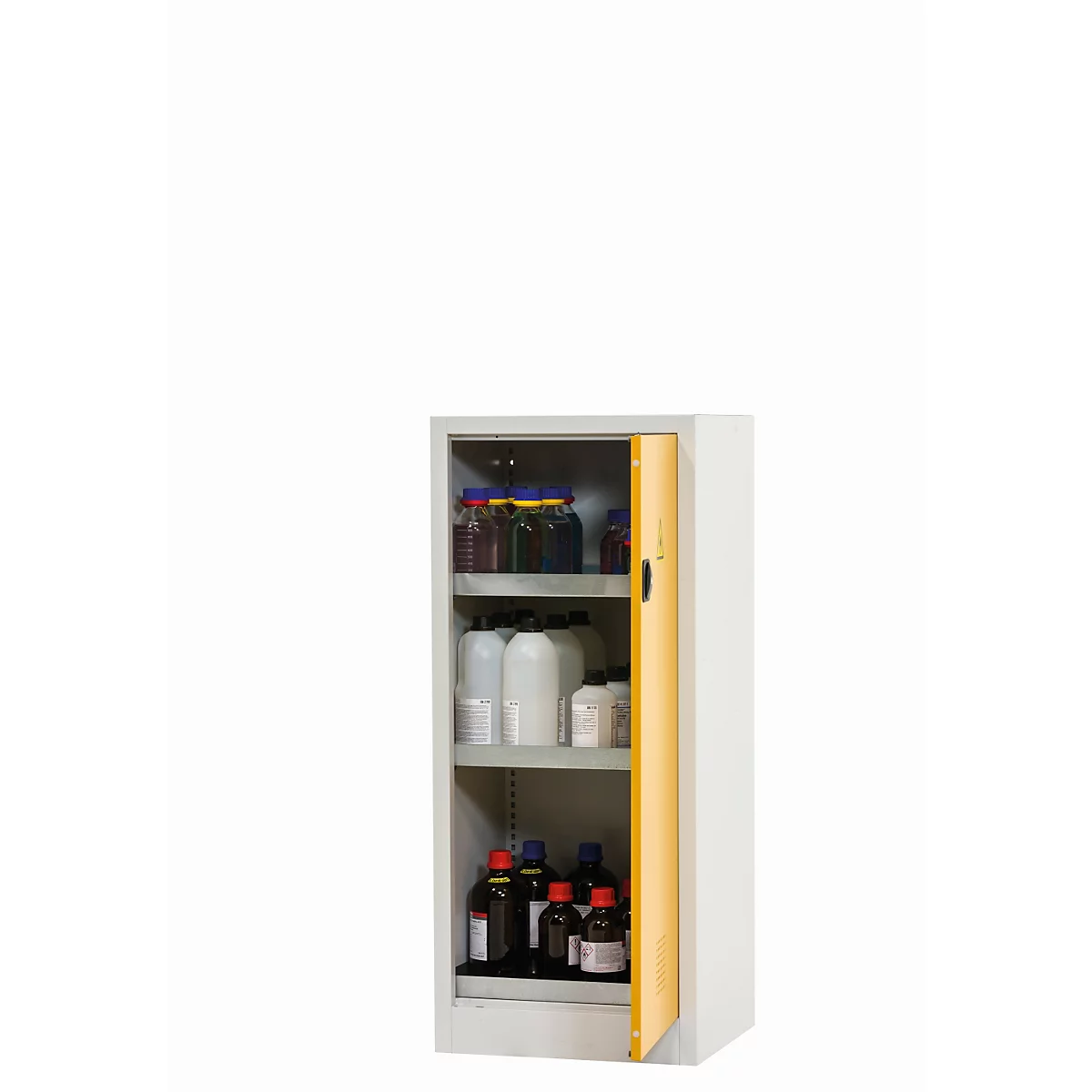 Armario para productos químicos asecos CF-CLASSIC, puerta con bisagras, tope a la derecha, frontal amarillo de seguridad, ancho 600 x fondo 500 x alto 1400 mm