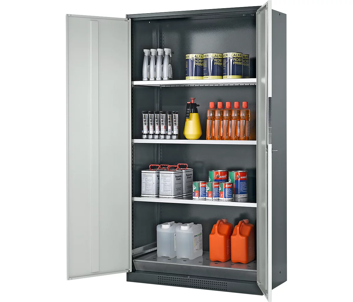 Armario para productos químicos Asecos CS-CLASSIC asecos, puerta con bisagras, 3 estantes, 1055x520x1950 mm, gris claro