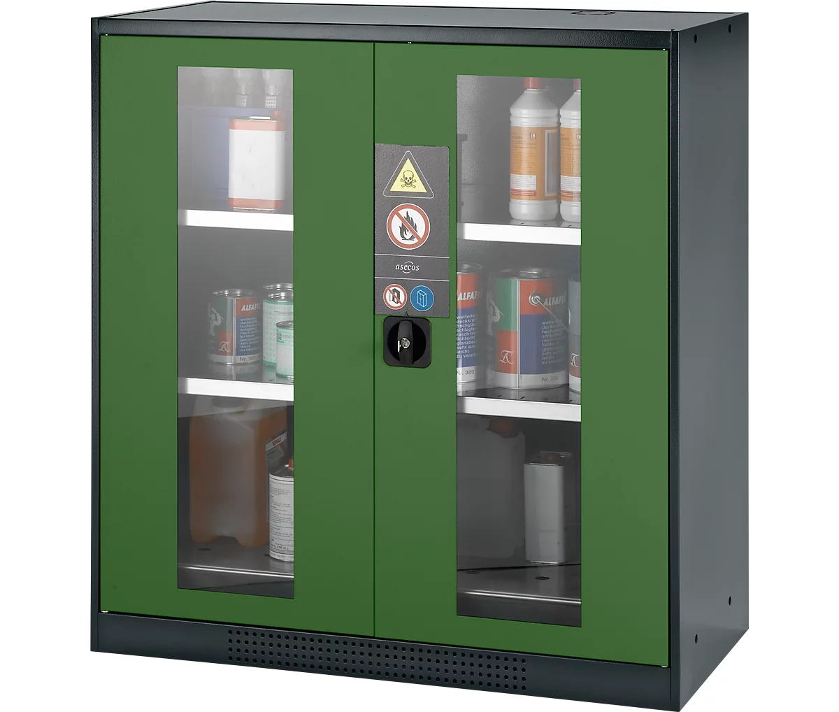 Armario para productos químicos Asecos CS-CLASSIC-G, puerta con bisagras con recorte de cristal, 2 estantes, 1055x520x1105 mm, verde reseda