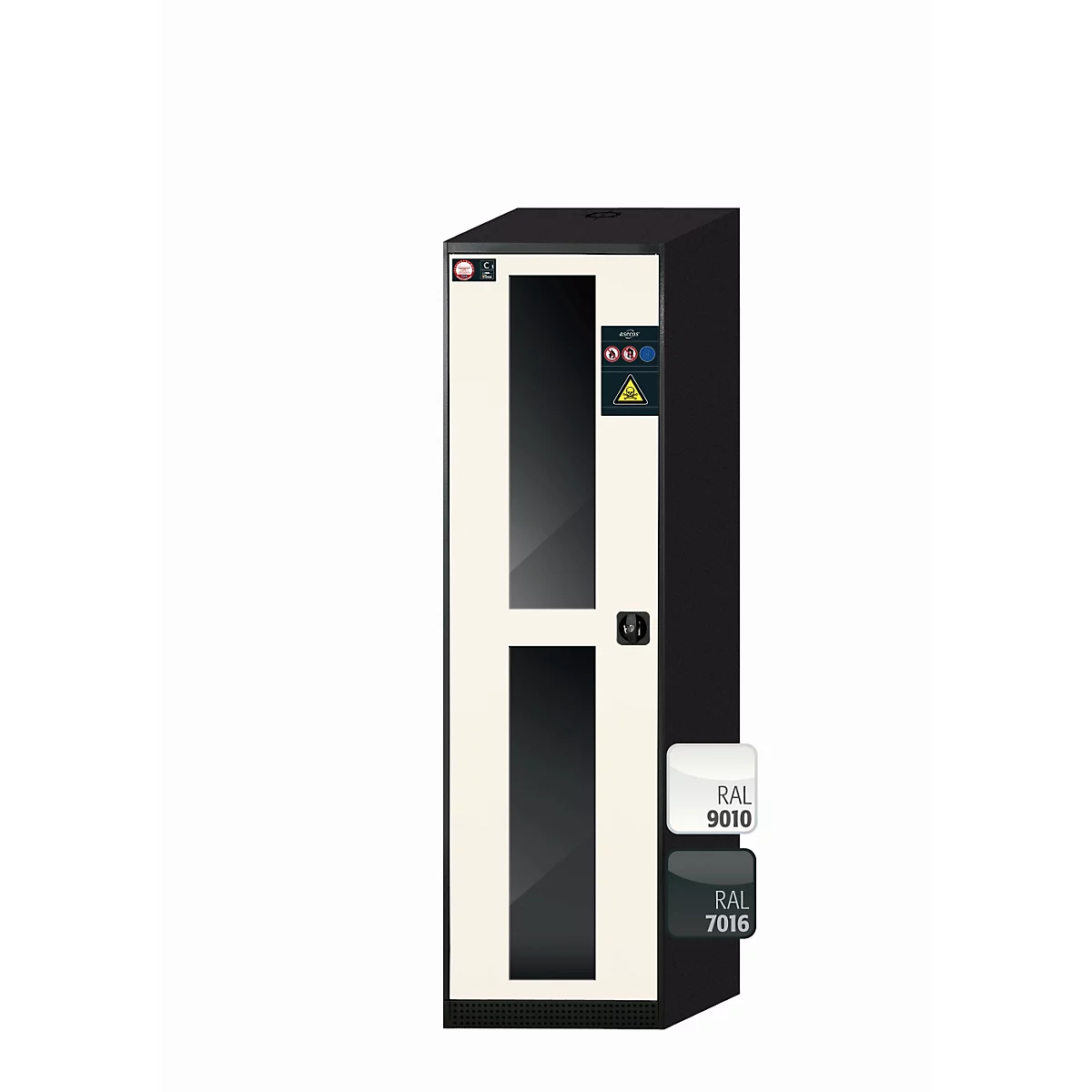 Armario para productos químicos asecos CS-CLASSIC-G, puerta con bisagras con recorte de cristal, con bisagras a la izquierda, frontal blanco puro, ancho 545 x fondo 520 x alto 1950 mm