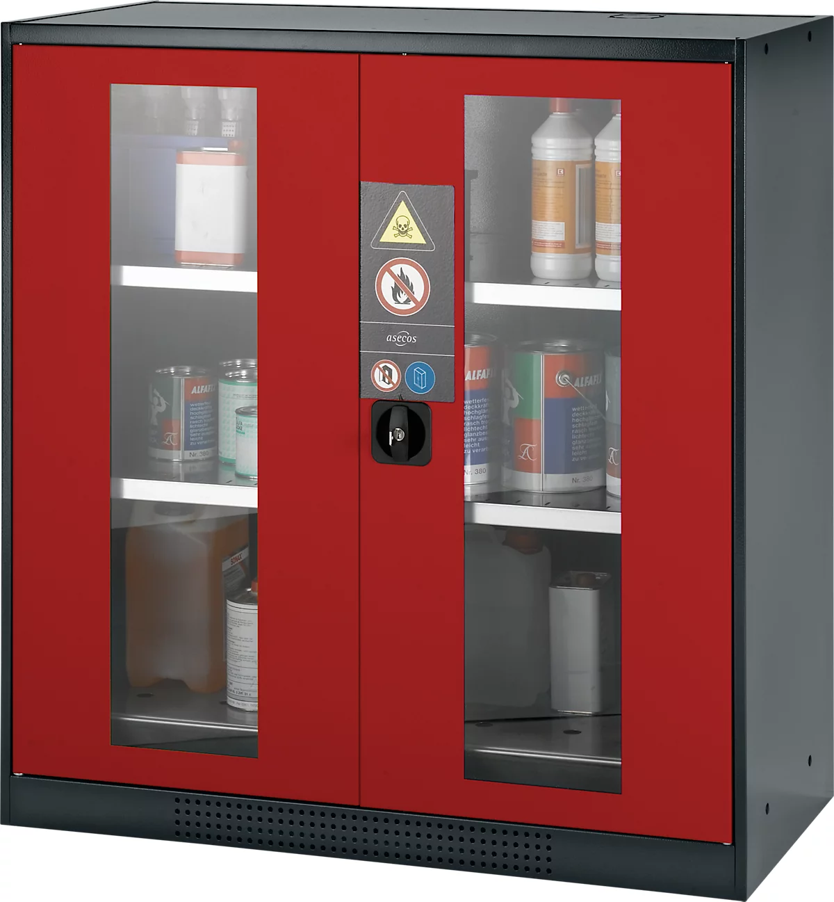 Armario para productos químicos Asecos CS-CLASSIC-G, puerta con bisagras y recorte de cristal, 2 estantes, 1055x520x1105 mm, rojo tráfico