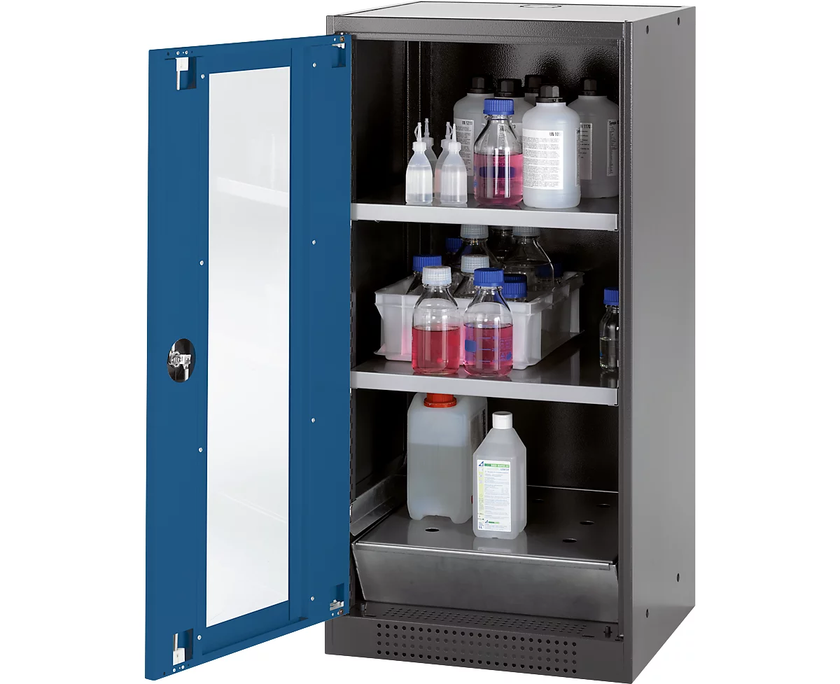 Armario para productos químicos Asecos CS-CLASSIC-G, puerta con bisagras y recorte de cristal, 2 estantes, H 1105 mm, azul genciana