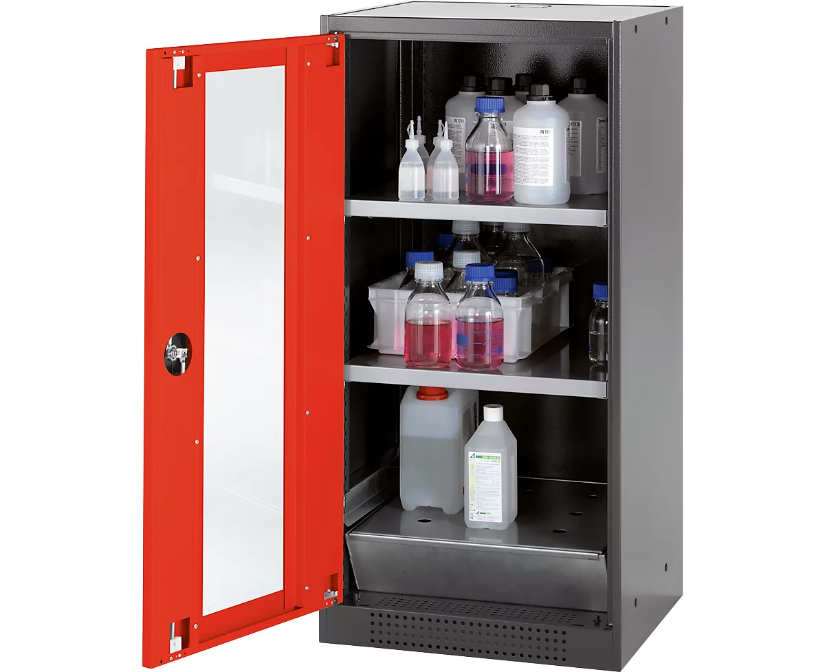 Armario para productos químicos Asecos CS-CLASSIC-G, puerta con bisagras y recorte de cristal, 2 estantes, H 1105 mm, rojo tráfico