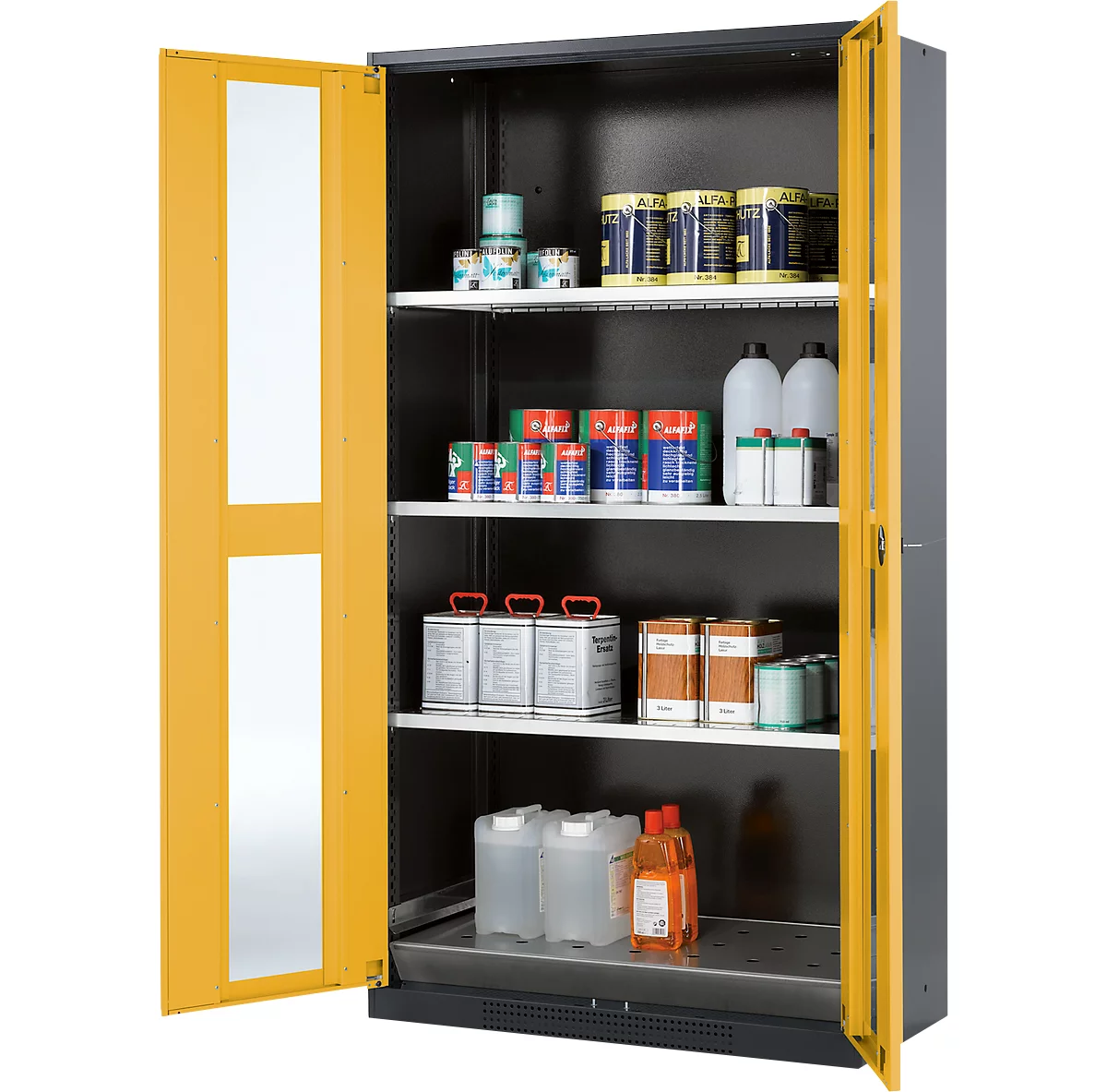 Armario para productos químicos Asecos CS-CLASSIC-G, puerta con bisagras y recorte de cristal, 3 estantes, 1055x520x1950 mm, amarillo de seguridad