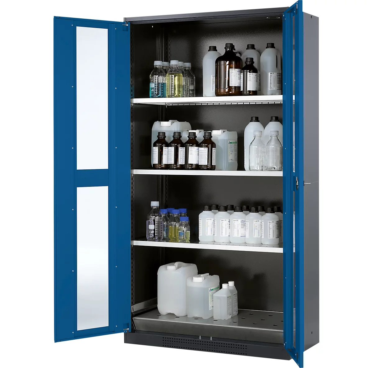 Armario para productos químicos Asecos CS-CLASSIC-G, puerta con bisagras y recorte de cristal, 3 estantes, 1055x520x1950 mm, azul genciana