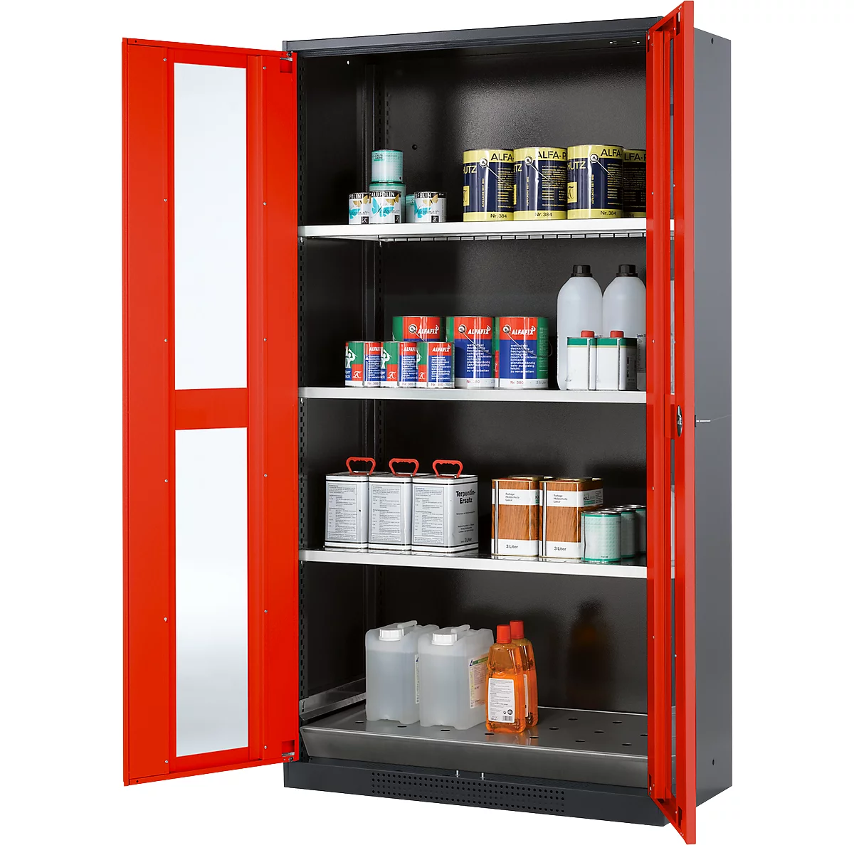 Armario para productos químicos Asecos CS-CLASSIC-G, puerta con bisagras y recorte de cristal, 3 estantes, 1055x520x1950 mm, rojo tráfico