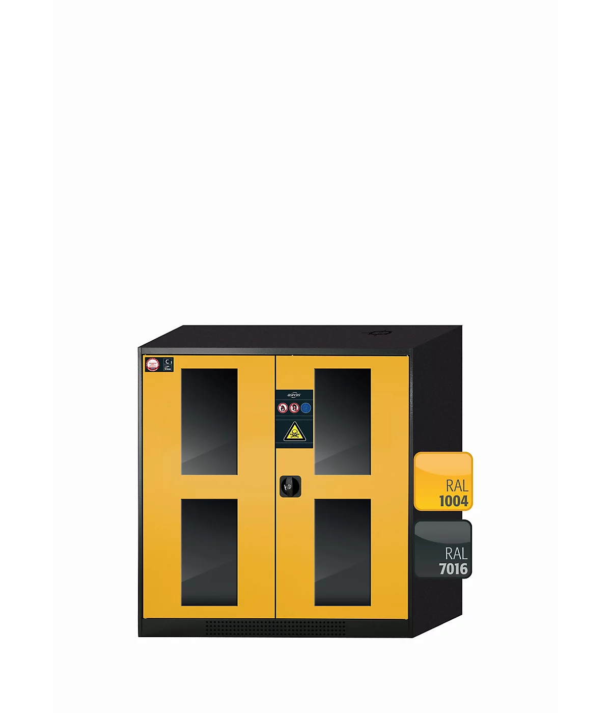 Armario para productos químicos asecos CS-CLASSIC-G, puertas batientes con recorte de cristal, frontal amarillo de seguridad, ancho 1055 x fondo 520 x alto 1105 mm