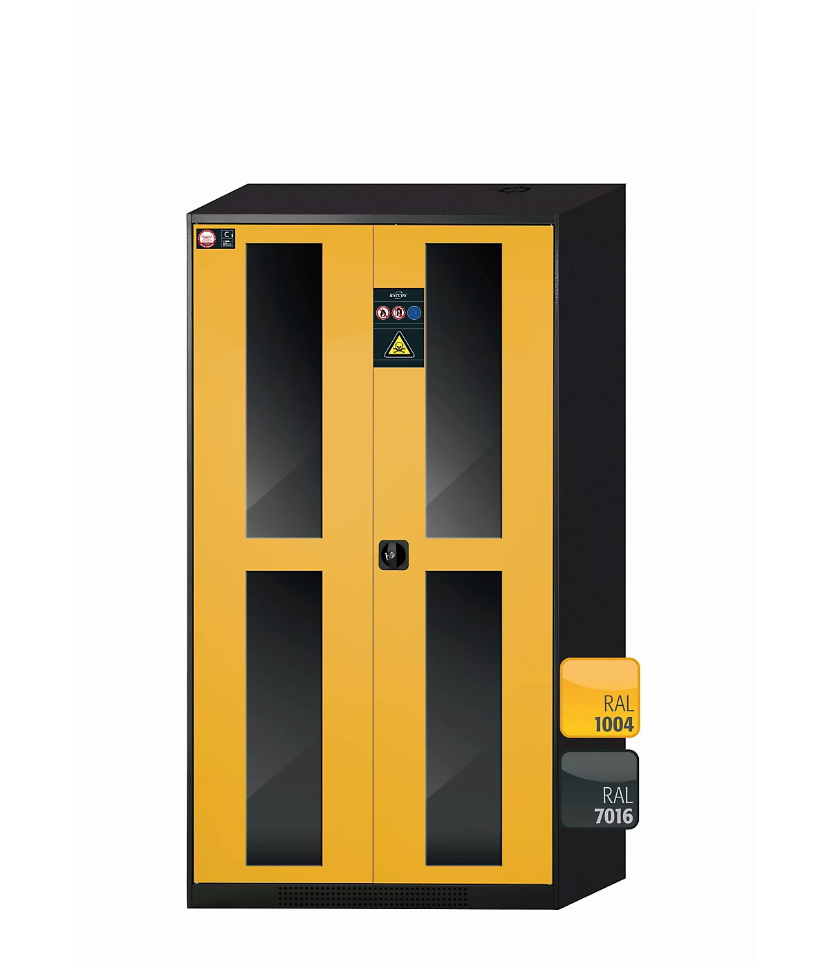 Armario para productos químicos asecos CS-CLASSIC-G, puertas batientes con recorte de cristal, frontal amarillo de seguridad, ancho 1055 x fondo 520 x alto 1950 mm