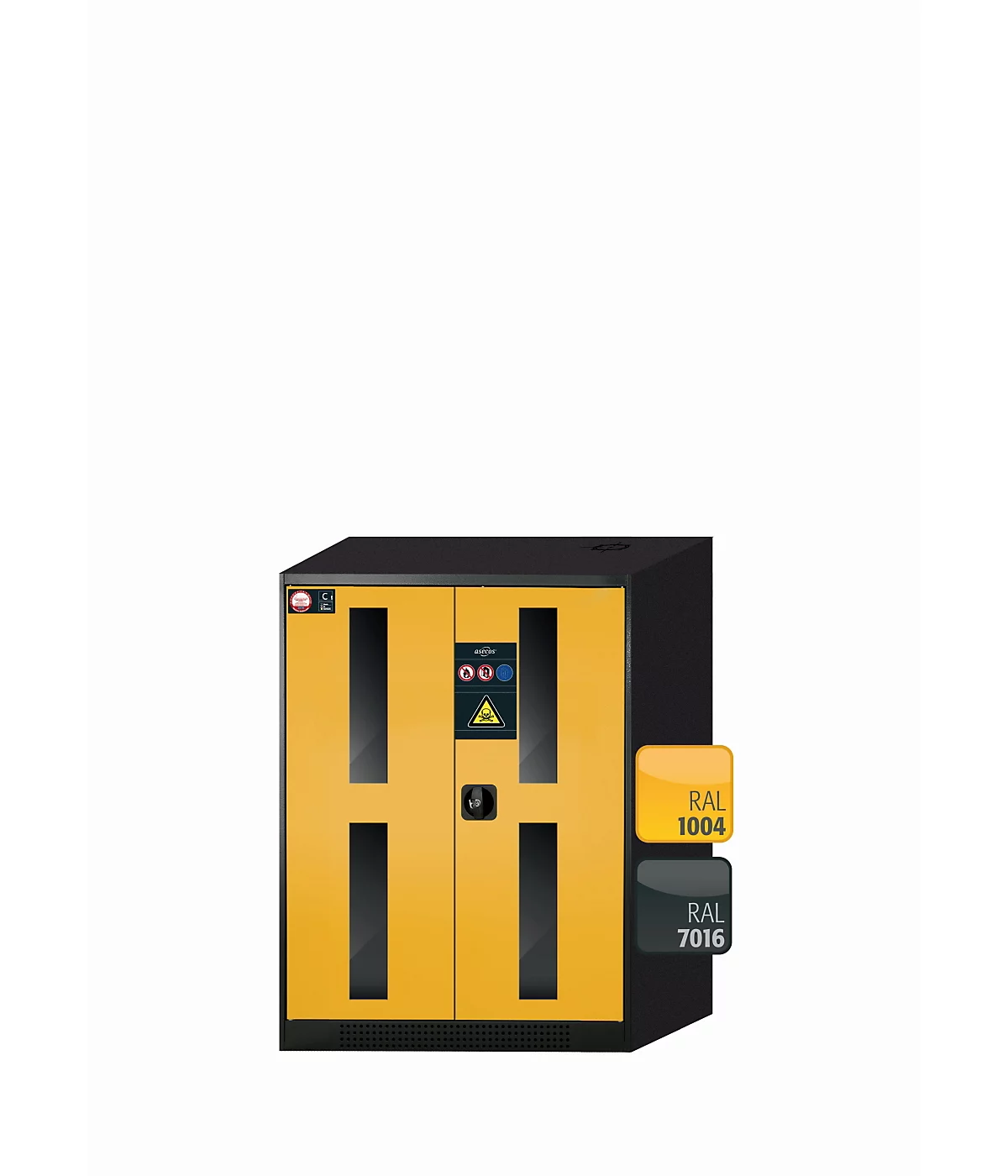 Armario para productos químicos asecos CS-CLASSIC-G, puertas batientes con recorte de cristal, frontal amarillo de seguridad, ancho 810 x fondo 520 x alto 1105 mm