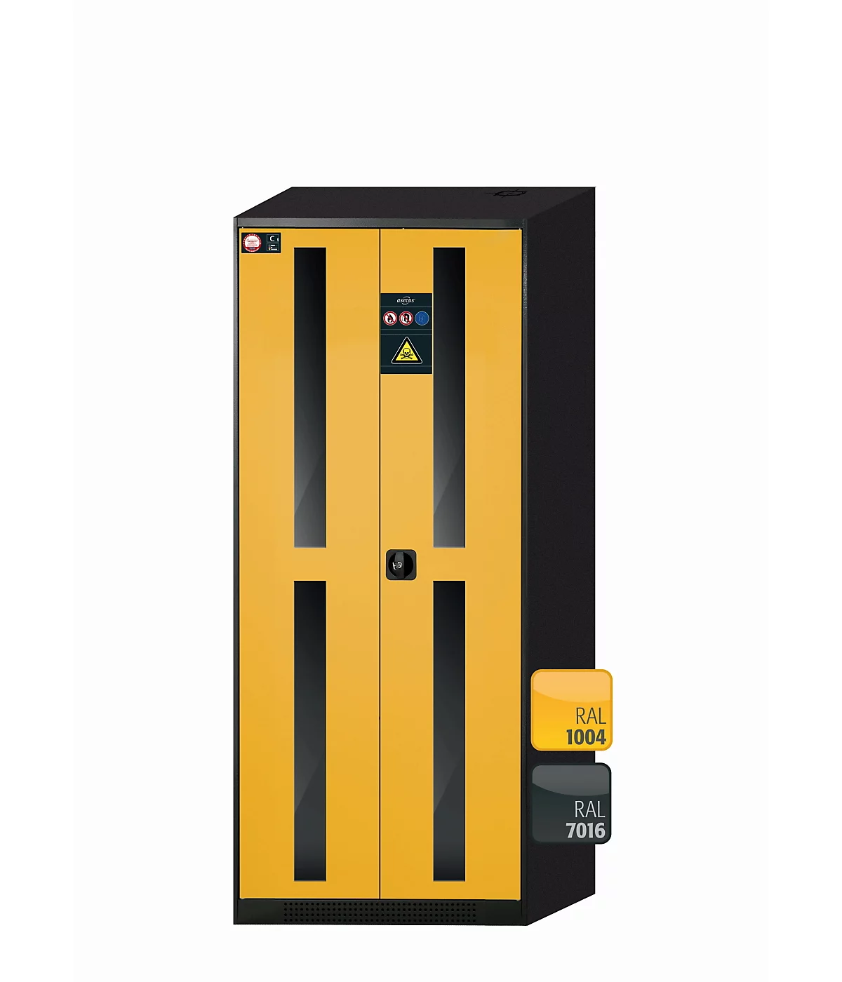 Armario para productos químicos asecos CS-CLASSIC-G, puertas batientes con recorte de cristal, frontal amarillo de seguridad, ancho 810 x fondo 520 x alto 1950 mm
