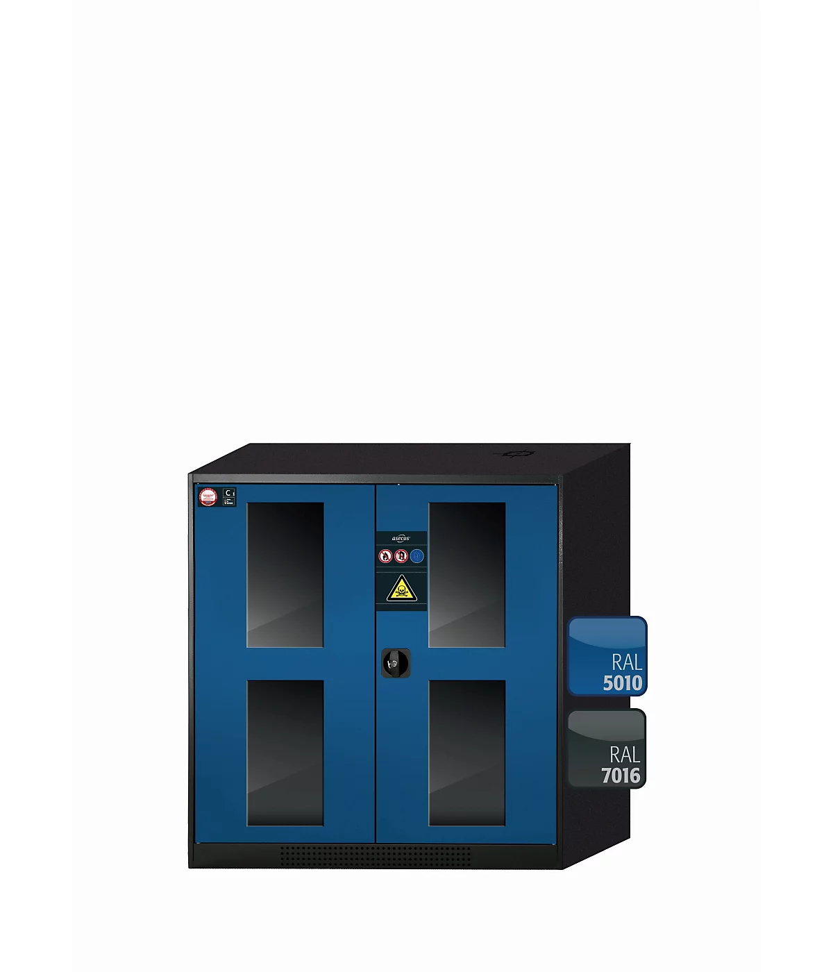 Armario para productos químicos asecos CS-CLASSIC-G, puertas batientes con recorte de cristal, frontal azul genciana, ancho 1055 x fondo 520 x alto 1105 mm