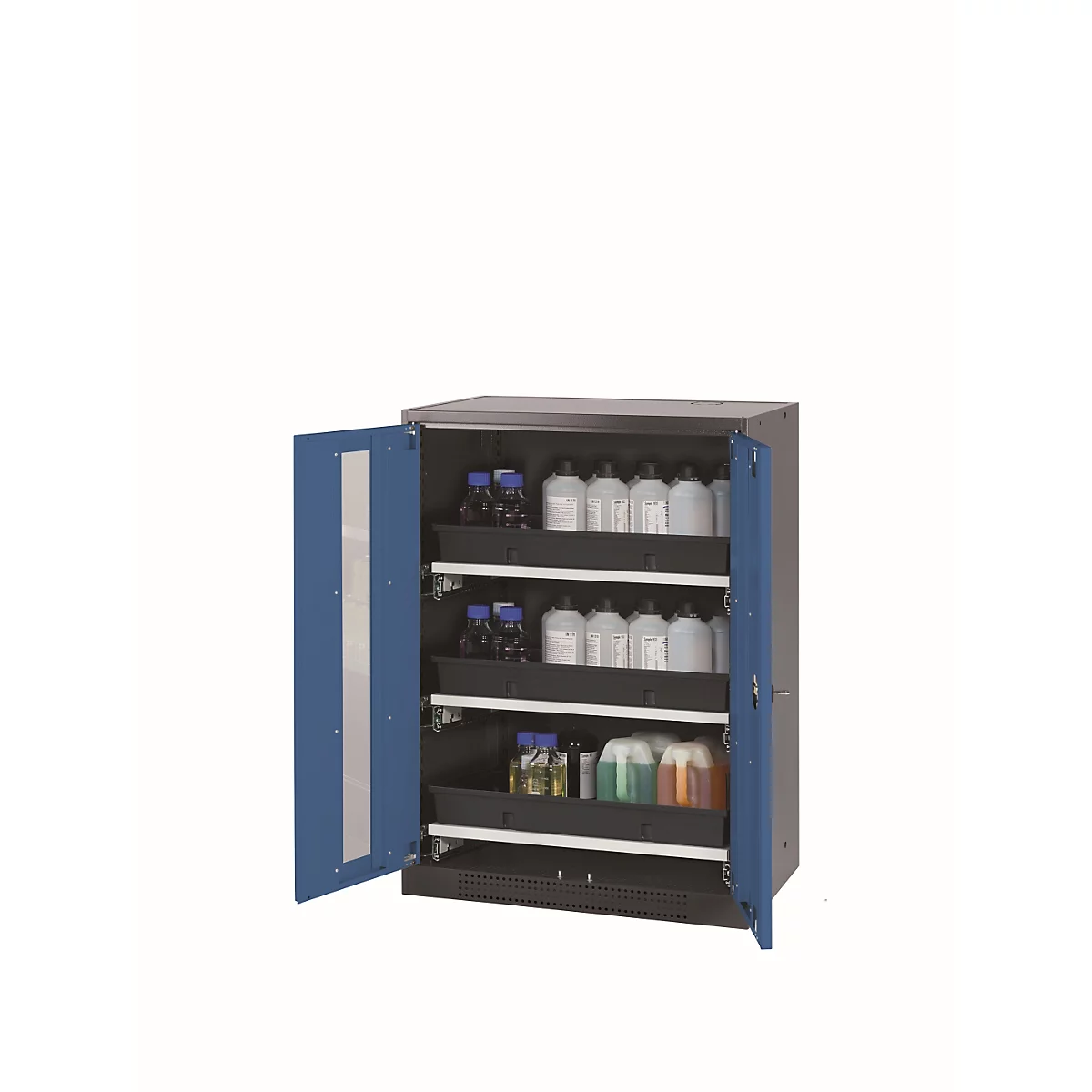 Armario para productos químicos asecos CS-CLASSIC-G, puertas batientes con recorte de cristal, frontal azul genciana, ancho 810 x fondo 520 x alto 1105 mm