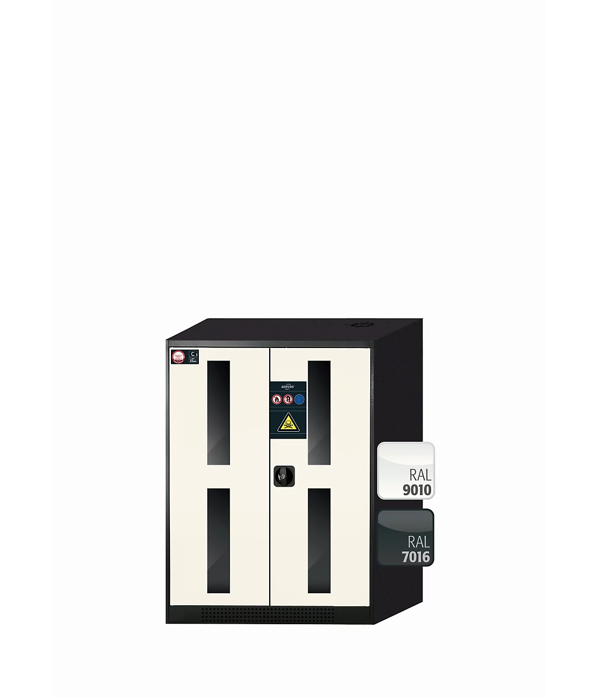 Armario para productos químicos asecos CS-CLASSIC-G, puertas batientes con recorte de cristal, frontal blanco puro, ancho 810 x fondo 520 x alto 1105 mm