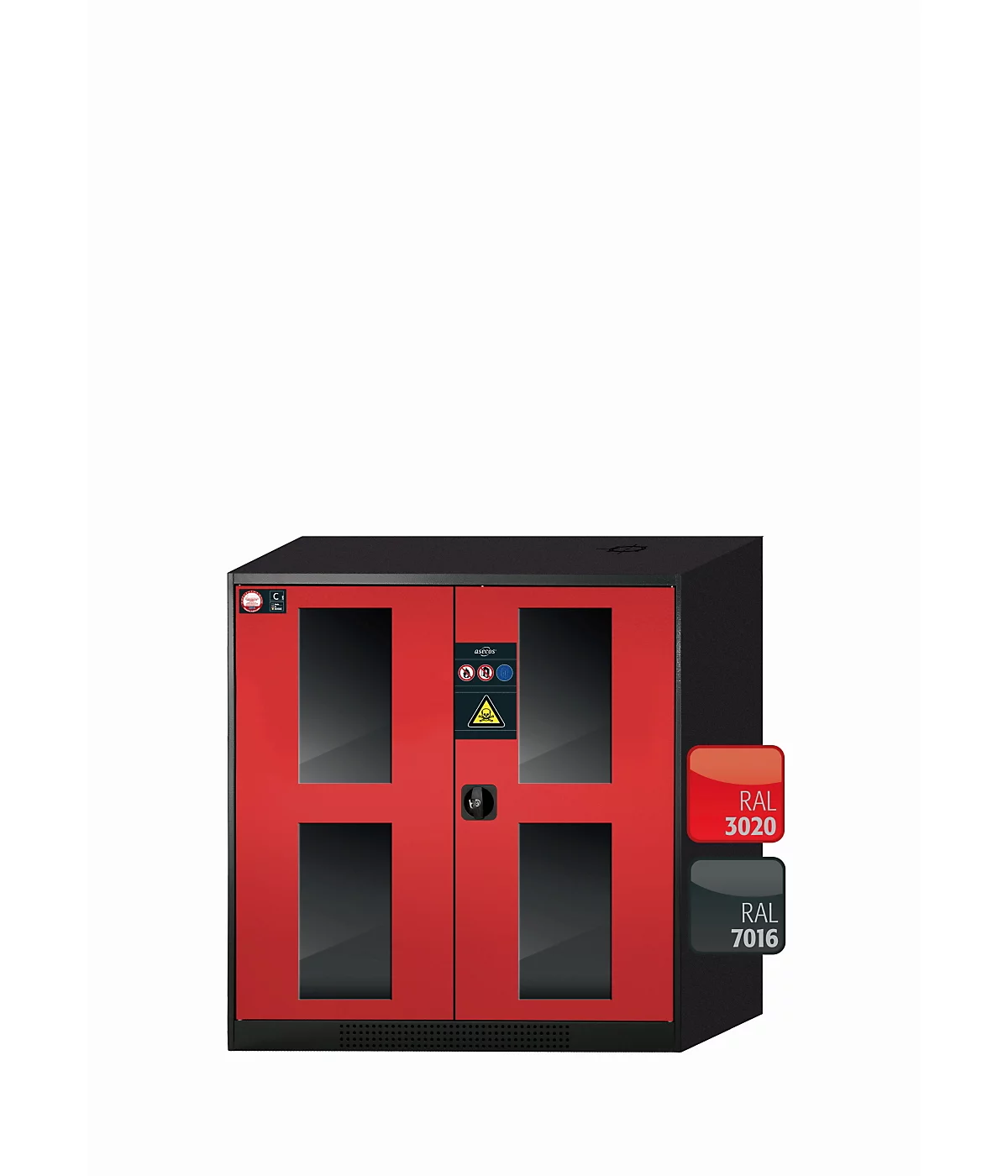Armario para productos químicos asecos CS-CLASSIC-G, puertas batientes con recorte de cristal, frontal rojo tráfico, ancho 1055 x fondo 520 x alto 1105 mm