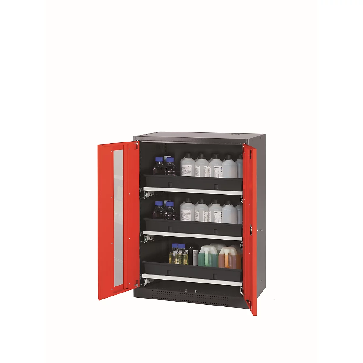 Armario para productos químicos asecos CS-CLASSIC-G, puertas batientes con recorte de cristal, frontal rojo tráfico, ancho 810 x fondo 520 x alto 1105 mm