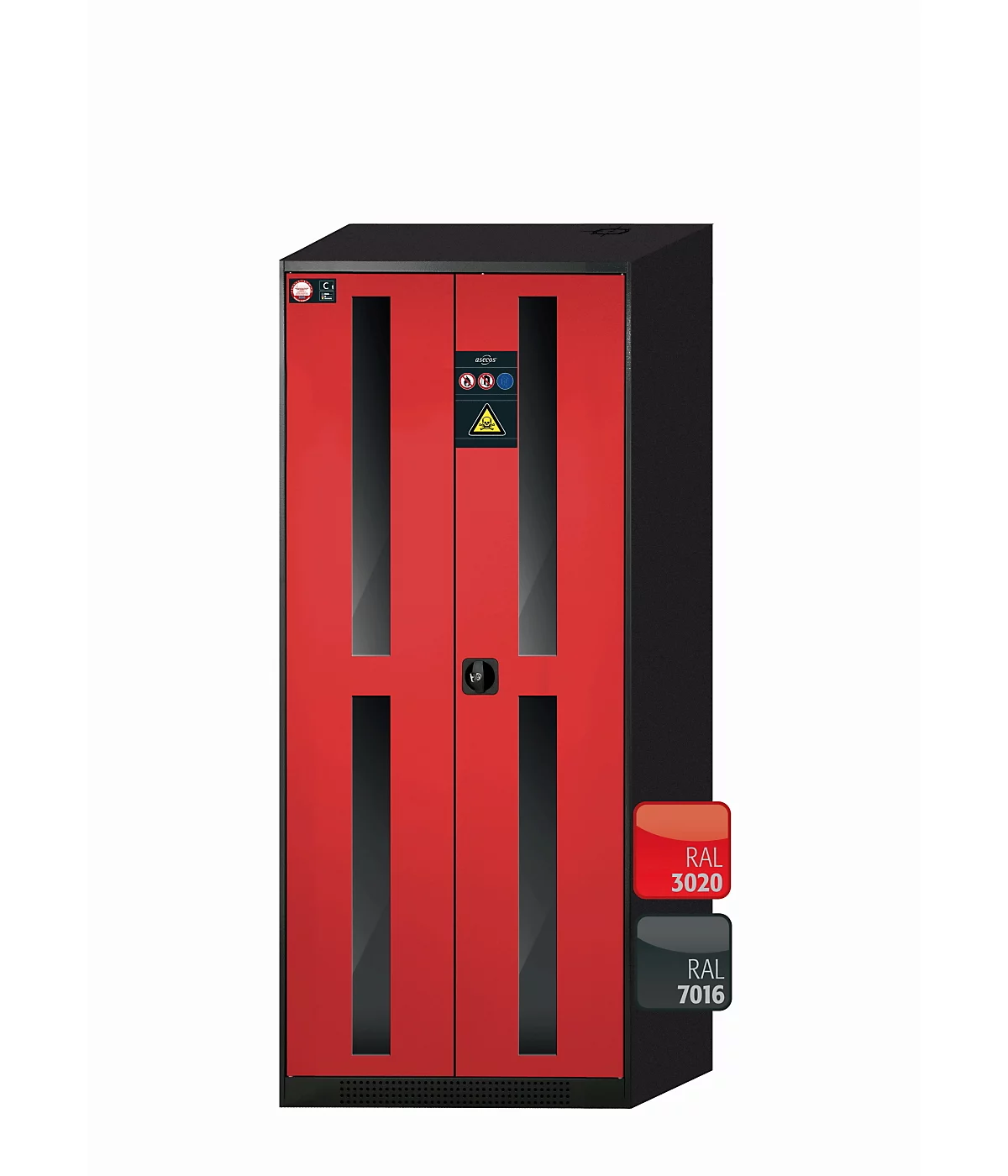 Armario para productos químicos asecos CS-CLASSIC-G, puertas batientes con recorte de cristal, frontal rojo tráfico, ancho 810 x fondo 520 x alto 1950 mm