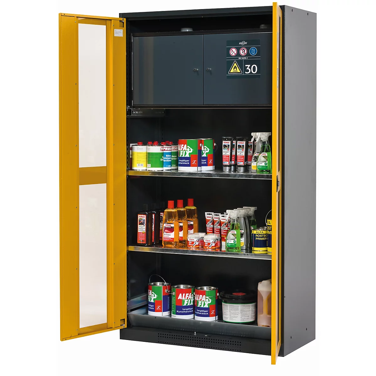 Armario para productos químicos asecos CS-CLASSIC-GF, puertas batientes con recorte de cristal, frontal amarillo de seguridad, ancho 1055 x fondo 520 x alto 1950 mm