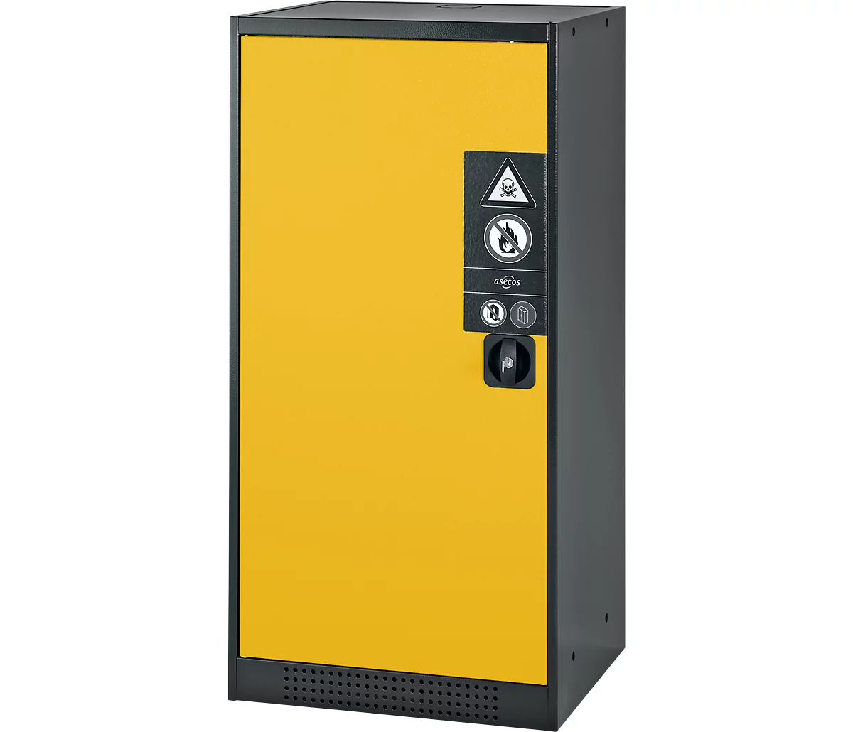 Armario para productos químicos Asecos CS-CLASSIC, puerta con bisagras, 2 bandejas extraíbles, 545x520x1105 mm, amarillo de seguridad