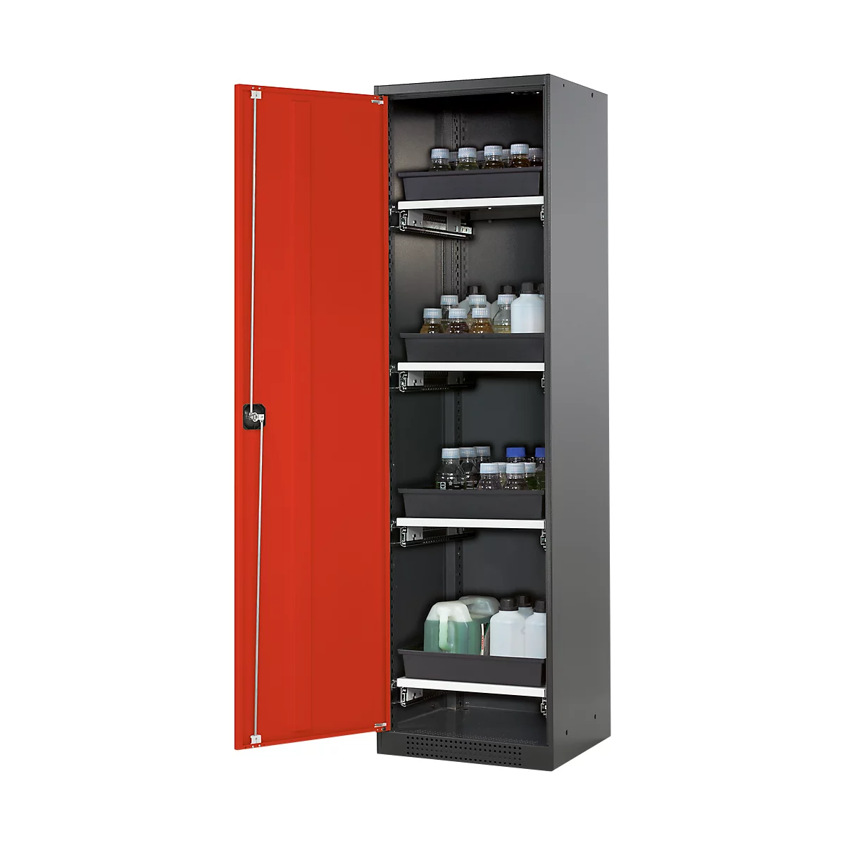 Armario para productos químicos Asecos CS-CLASSIC, puerta con bisagras, 4 bandejas de cajones, 545x520x1950 mm, rojo tráfico