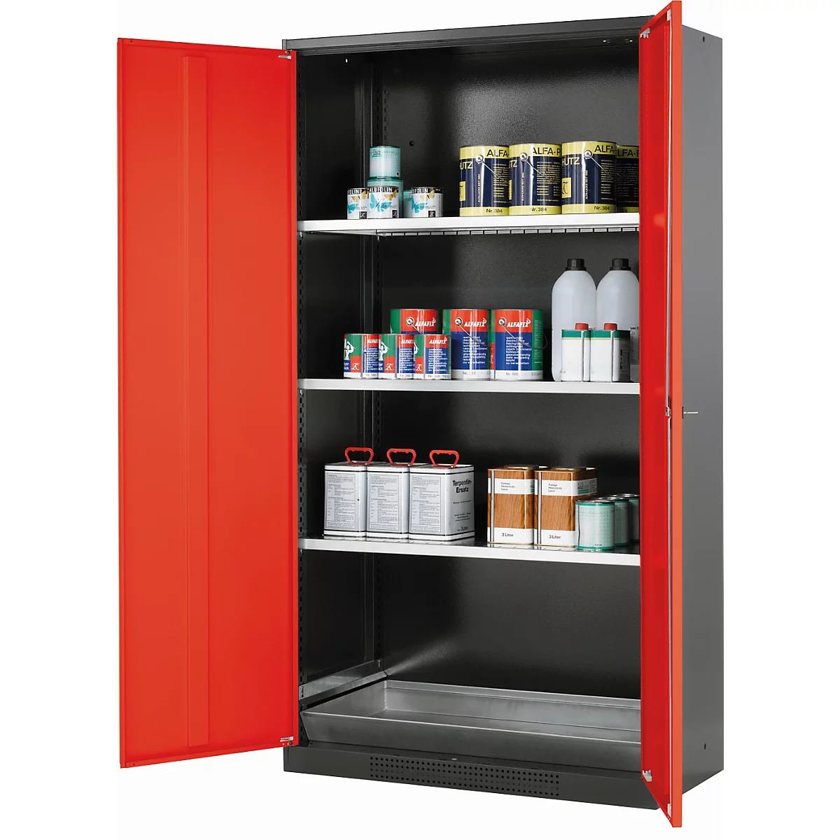 Armario para productos químicos asecos CS-CLASSIC, puertas batientes, tráfico frontal rojo, ancho 1055 x fondo 520 x alto 1950 mm