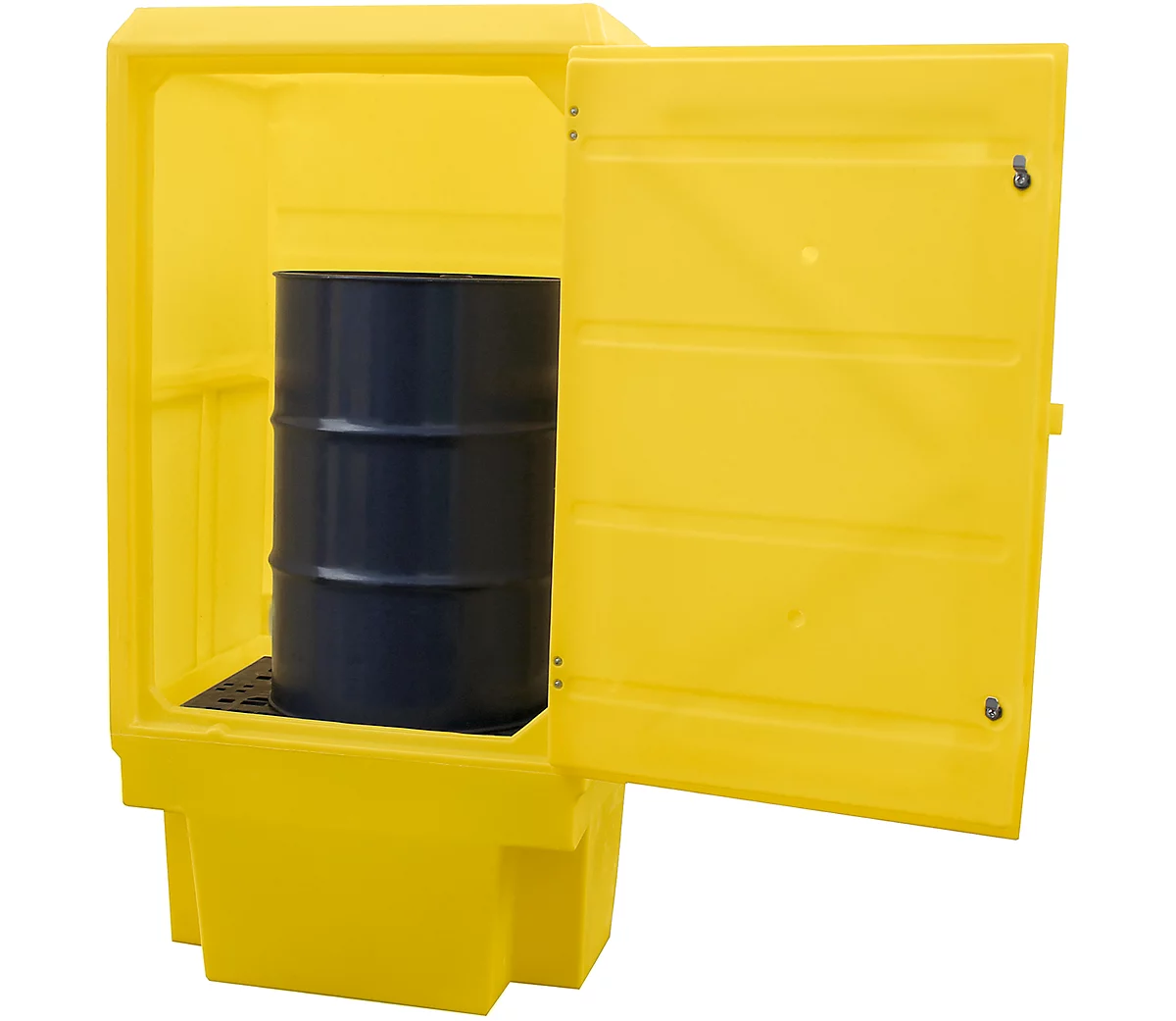 Armario para productos químicos PSC3 para almacenamiento de bidones 200 l, rejilla de 1 estante, bandeja colectora 225 l, con cerradura, PE, amarillo