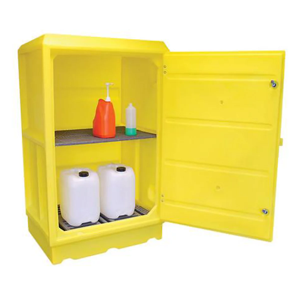 Armario para productos químicos PSC5 para recipientes pequeños, rejilla, rejilla para bandejas, bandeja colectora 100 l, con cerradura, PE, amarillo