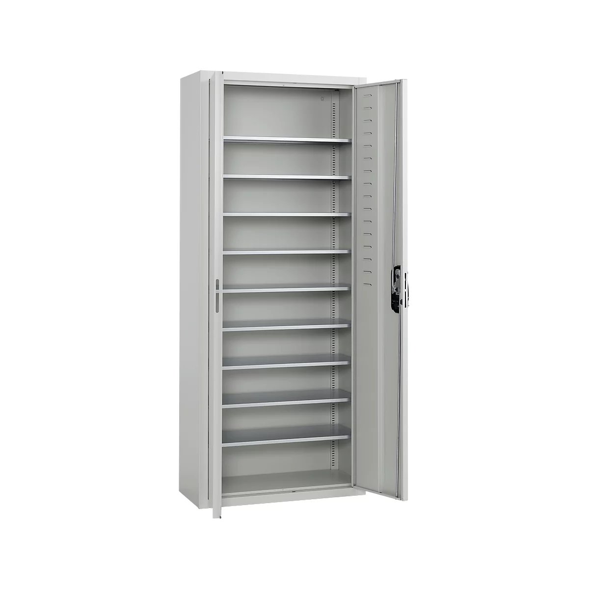 Archivo gris abierto con múltiples estantes. La puerta derecha está abierta, el armario está vacío.