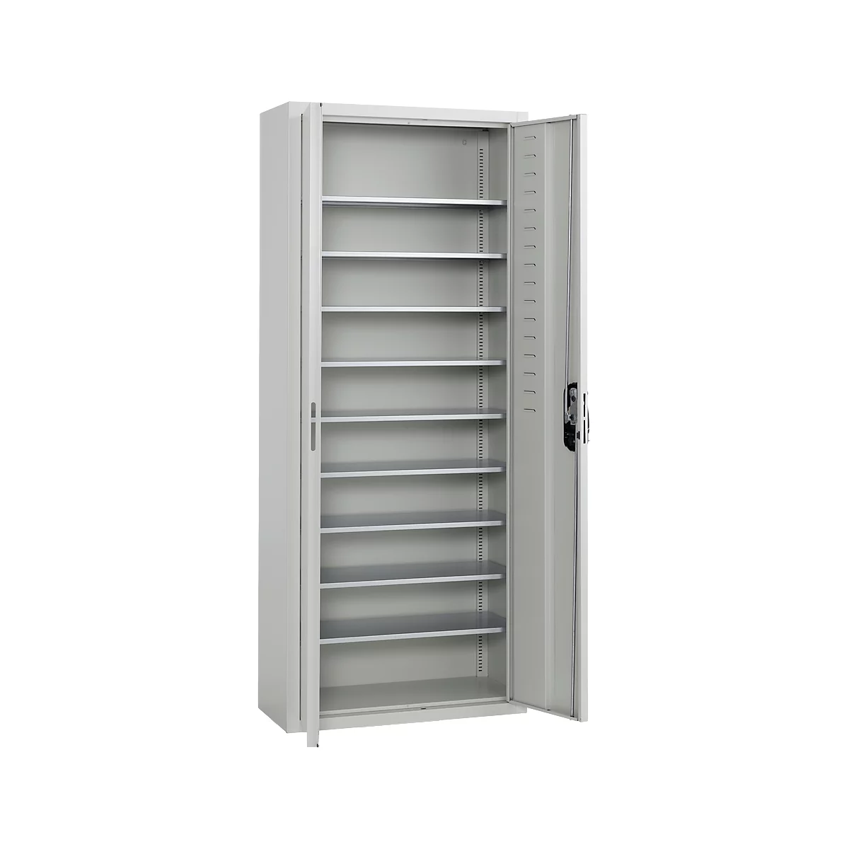 Un armario de acero gris abierto con múltiples estantes. La puerta derecha está abierta. El armario está de pie.