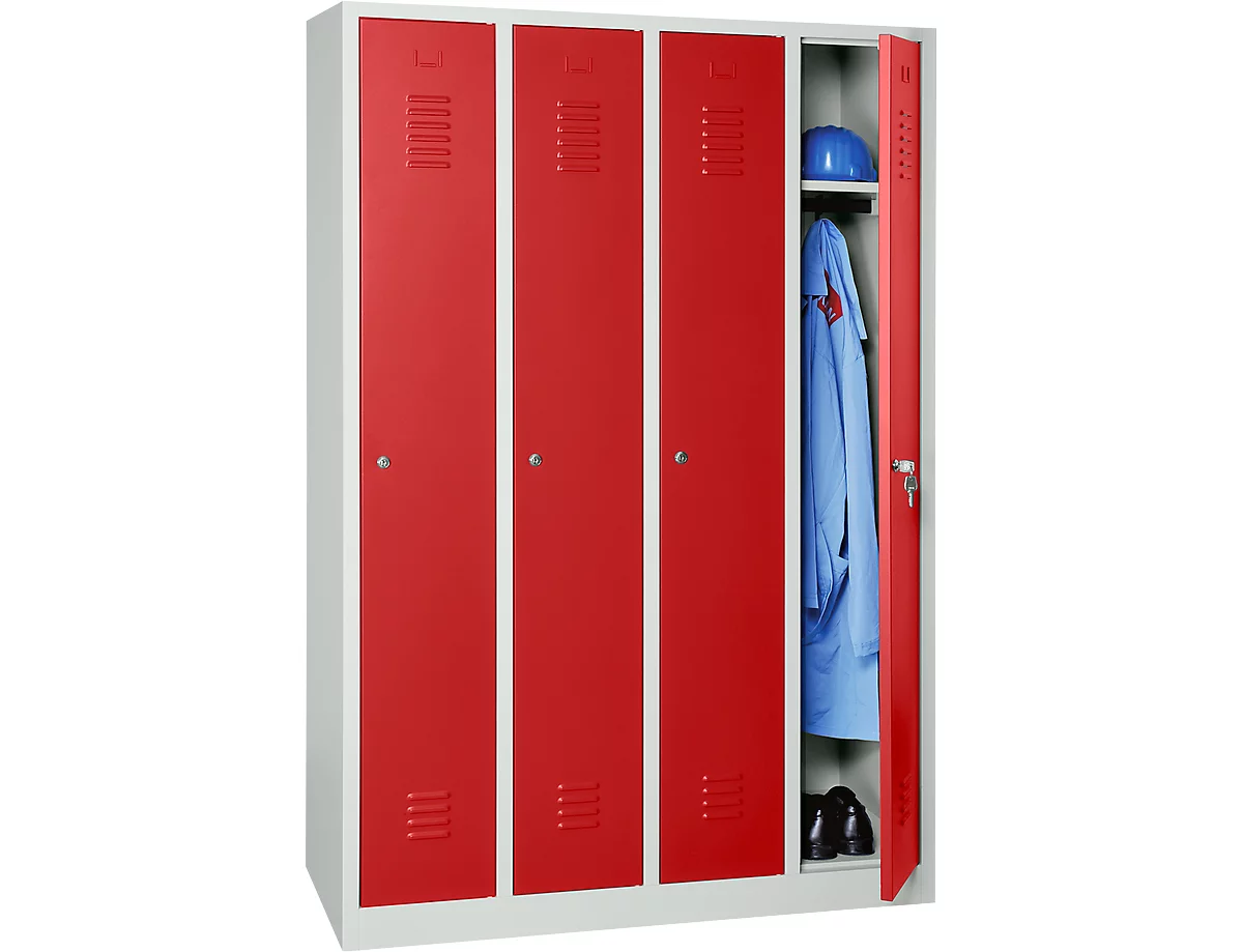 Armario para ropa, 4 puertas, ancho 1170 x alto 1800 mm, cerradura de cilindro, gris claro/rojo fuego