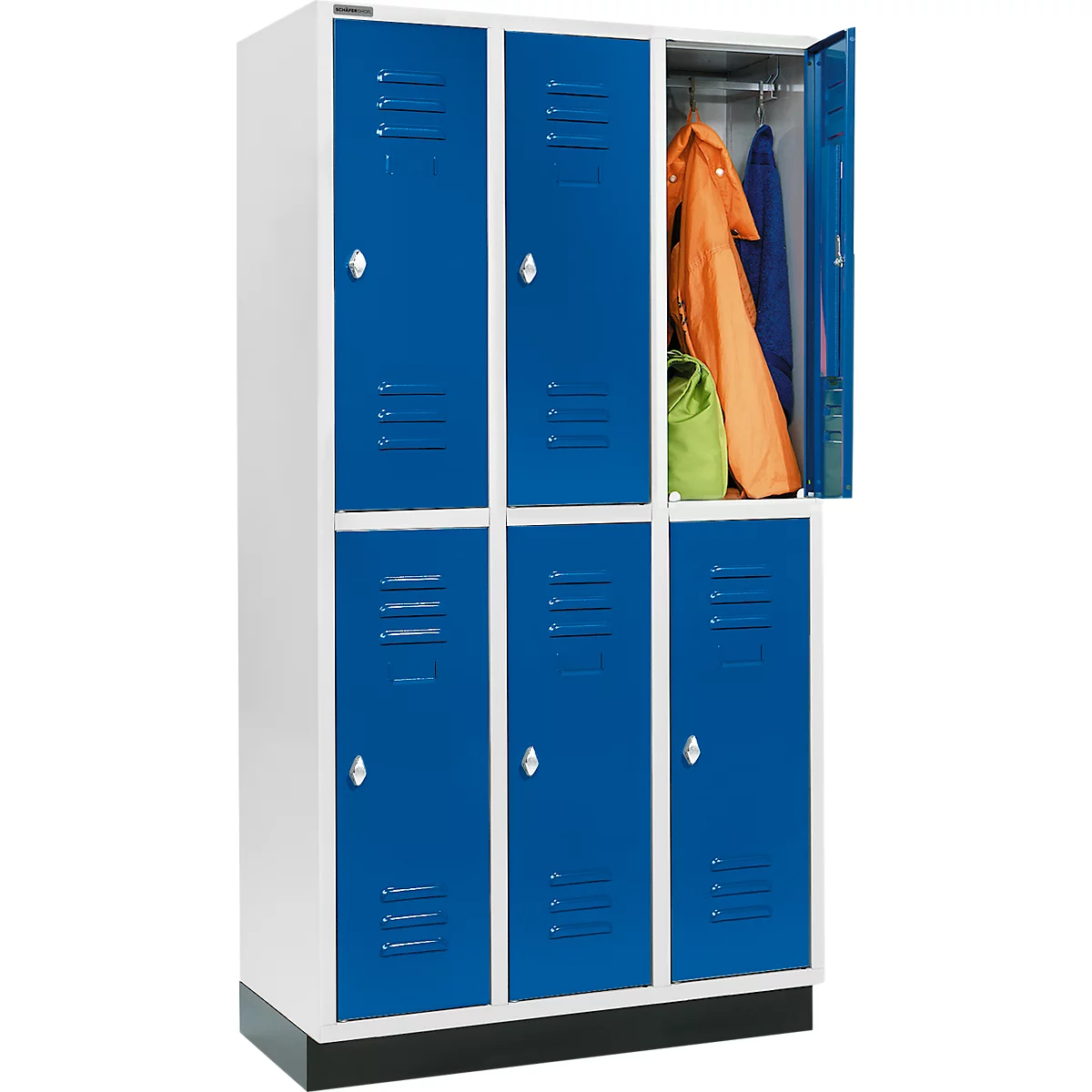 Armario para ropa Schäfer Shop Select, con 3 x 2 compartimentos, 300 mm, con base, cerradura con pestillo giratorio, puerta azul genciana