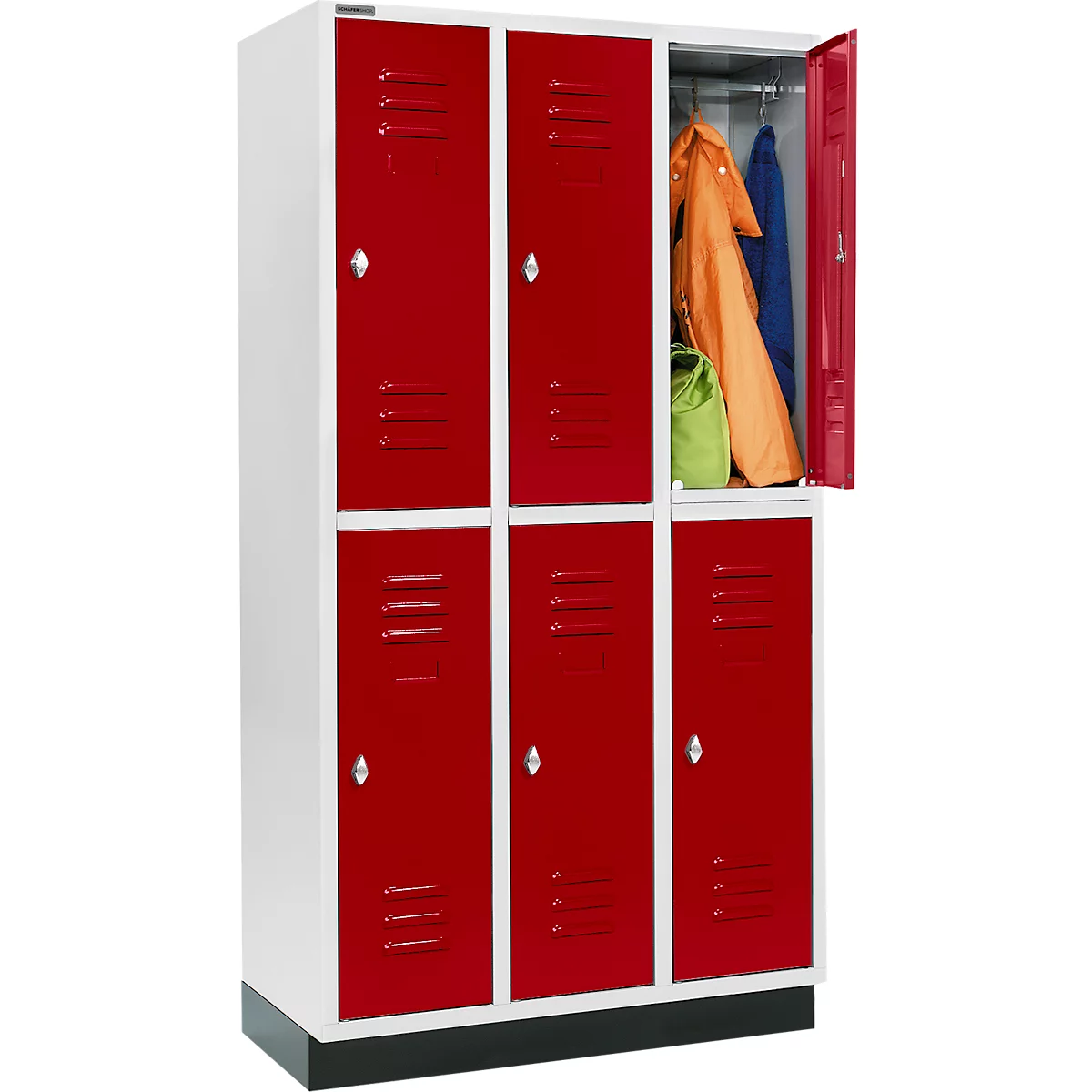 Armario para ropa Schäfer Shop Select, con 3 x 2 compartimentos, 300 mm, con base, cerradura con pestillo giratorio, puerta rojo rubí