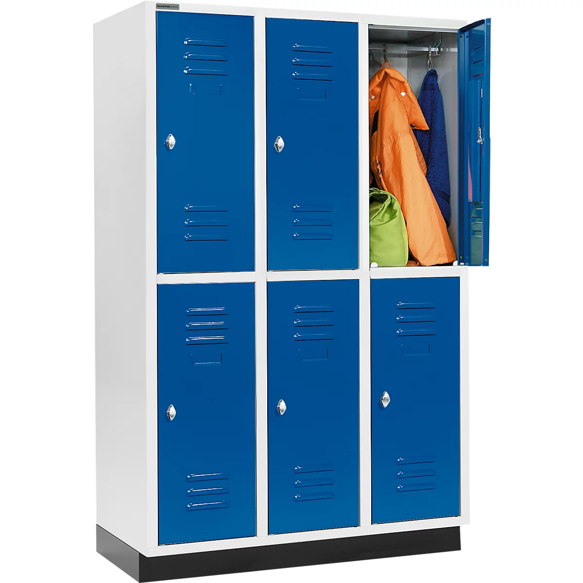 Armario para ropa Schäfer Shop Select, con 3 x 2 compartimentos, 400 mm, con base, cerradura con pestillo giratorio, puerta azul genciana